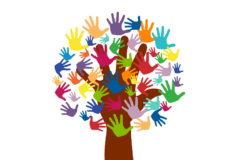 A hand in the design of a tree with lots of colourful smaller hands attached as leafs