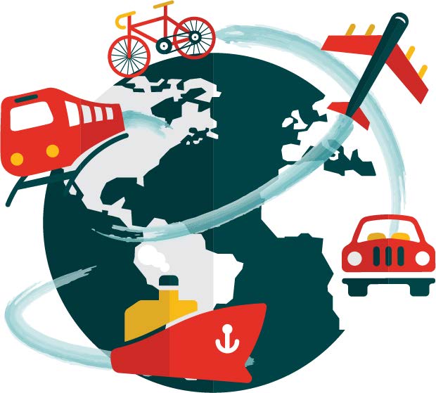 Illustration for Salvesen Mindroom Centre’s Independent Travel Guide – a globe encircled by icons of a train, bicycle, airplane, car and ship, symbolising safe independent travel by land, sea and air.