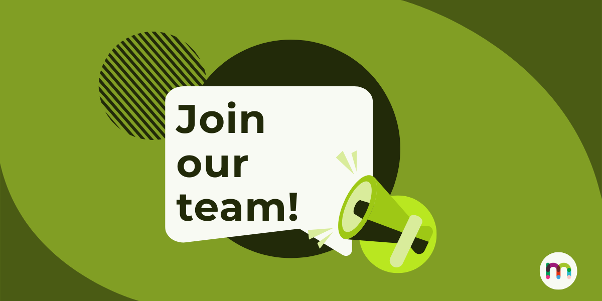 Join our team – website – green (1200 x 600 px) Illustrated recruitment banner with the text "Join our team!" and a blue megaphone graphic on a green background.