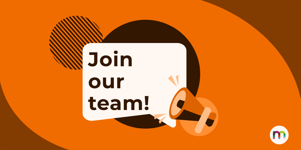 Illustrated recruitment banner with the text "Join our team!" and an orange megaphone graphic on an orange background.