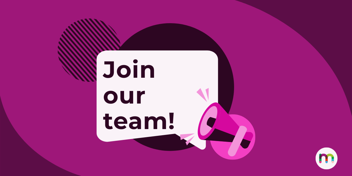 Join our team – website – purple (1200 x 600 px) Illustrated recruitment banner with the text "Join our team!" and a blue megaphone graphic on a purple background.